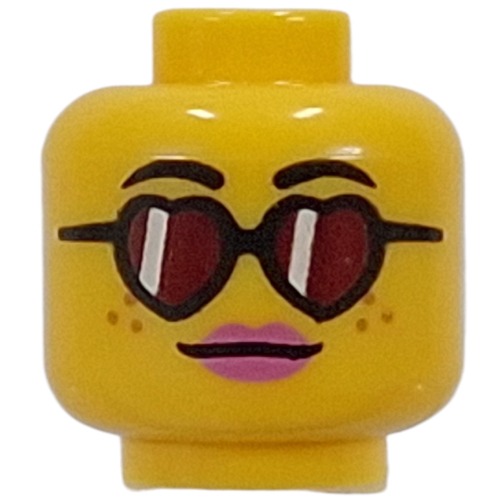 Minifig Head , Bright Pink Lips, Open Mouth Smile / Heart-Shaped Glasses, Red Lenses