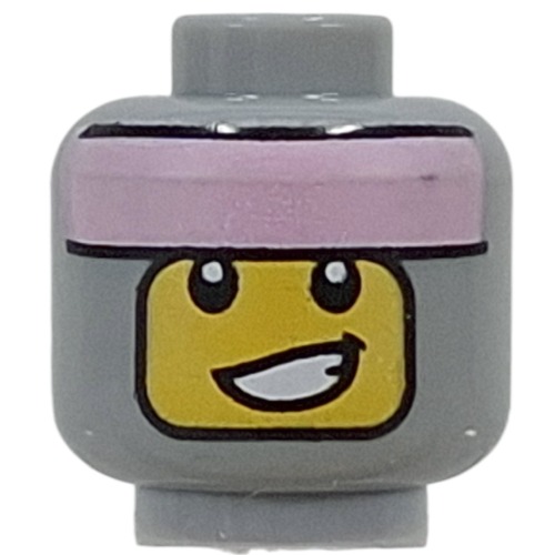 Minifig Head , Yellow Face, Lopsided Smile, Metal Pink Bandana