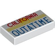1 x 2 Tile with Yellow Stripes, Red 'CALIFORNIA', Blue 'OUTATIME' print